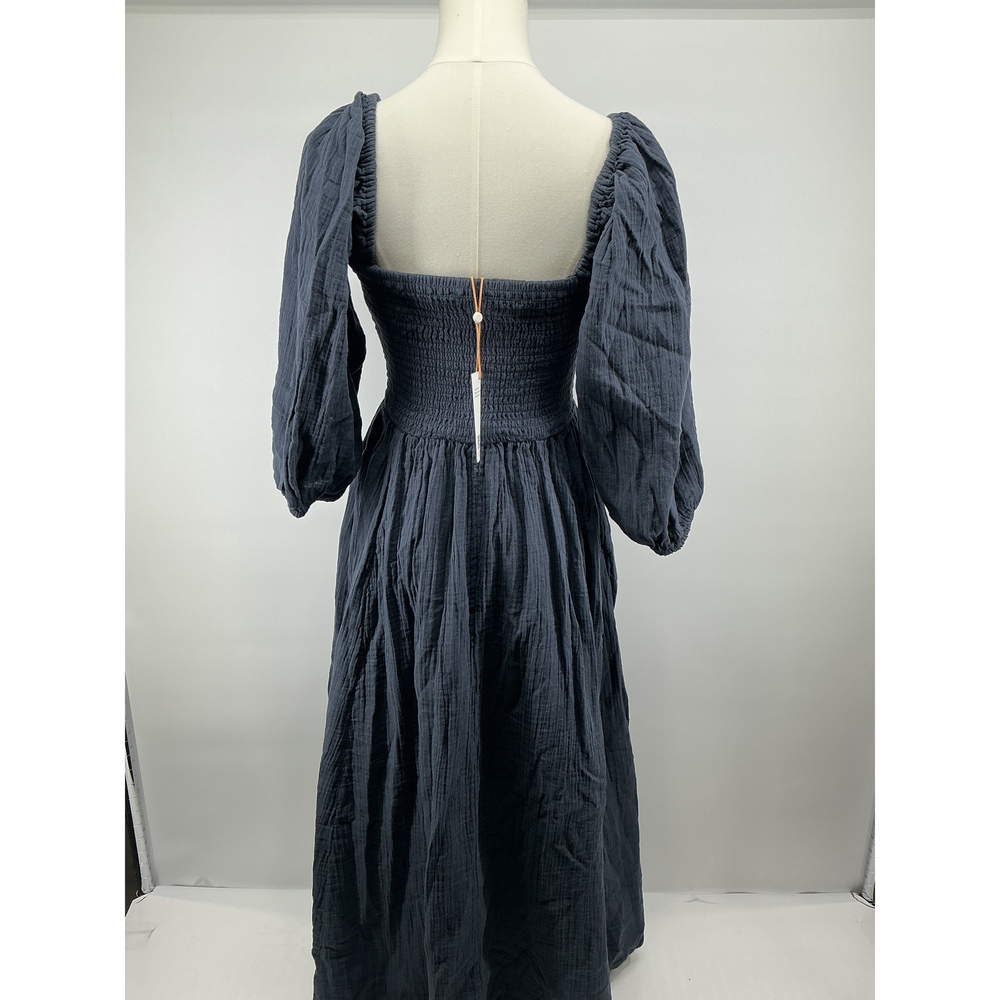 100% Organic Cotton Gauze Smocked Square Neck Midi Dress - Picture 2 of 3